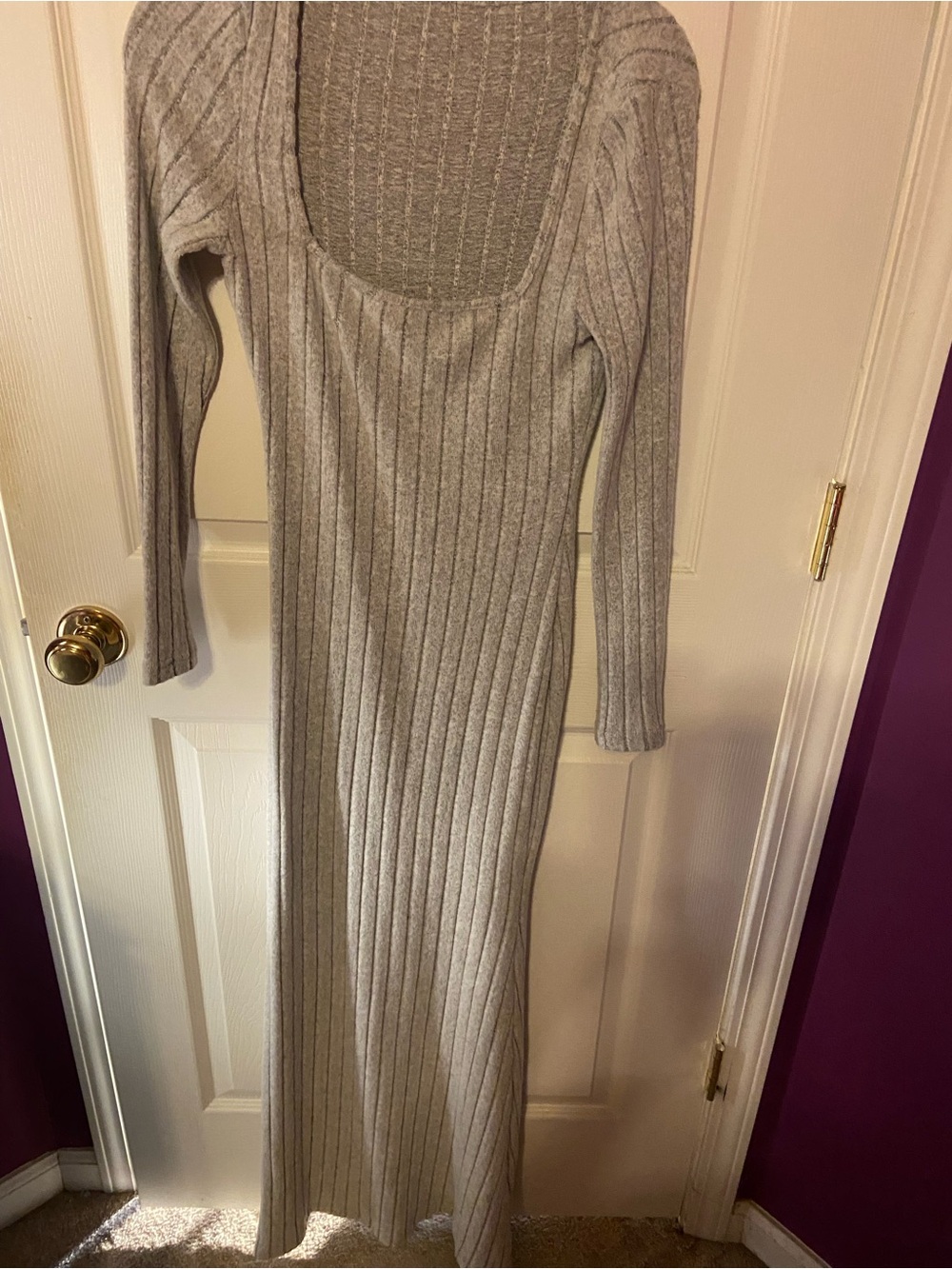 SHEIN Gray Ribbed Scoop Neck Long Sleeve Maxi Dress
